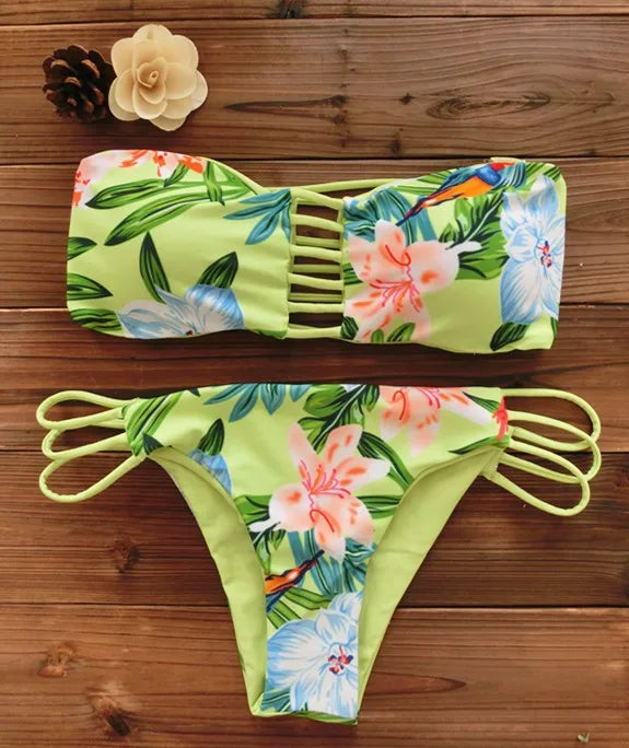 Bandeau Bikini Reversible Print Swimsuit Strappy Swimwear