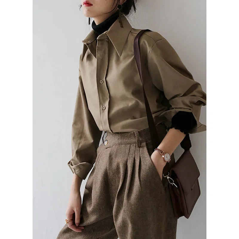 QOERLIN Coffee Blouse Women Spring Autumn Casual Solid Color Long Sleeve Shirt Women Korean Loose Shirt OL Style Workwear S-XL