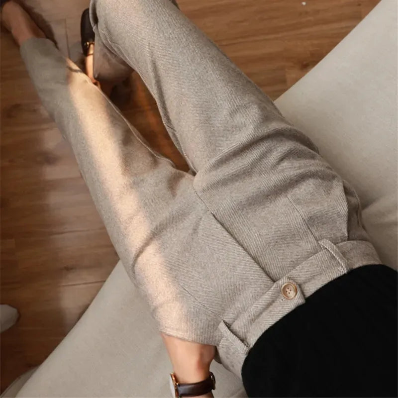 Woolen Pants Women's Harem Pencil Pants Autumn Winter High Waisted Casual Suit Pants Office Lady Women Trousers