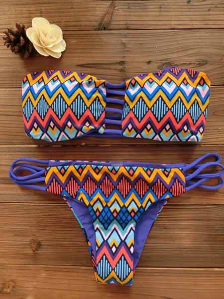 Bandeau Bikini Reversible Print Swimsuit Strappy Swimwear