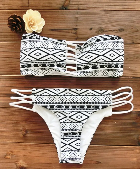 Bandeau Bikini Reversible Print Swimsuit Strappy Swimwear