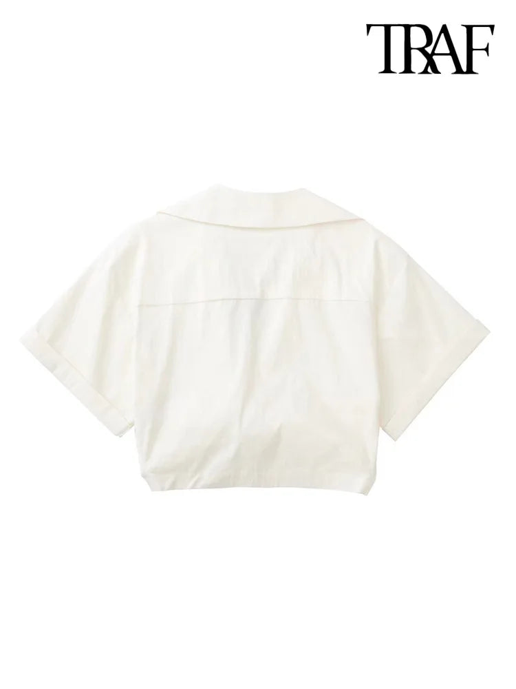 Fashion Front Knot Elastic Linen Cropped Shirts Vintage