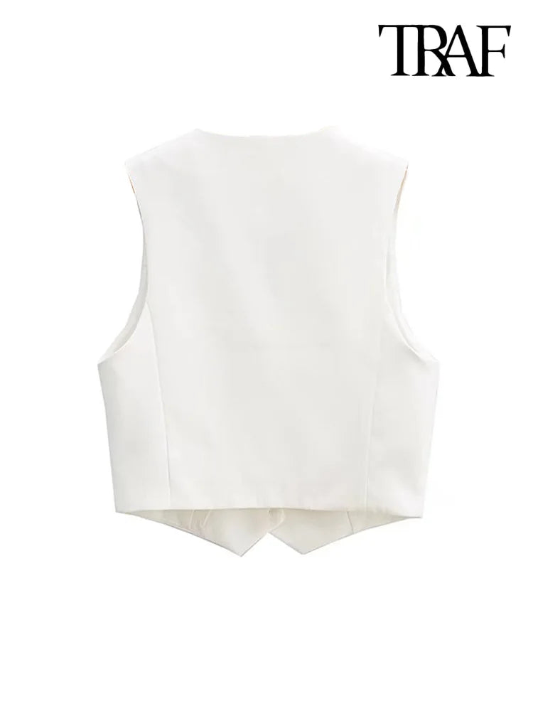 Fashion Front Buttons Cropped Waistcoat Vintage V Neck Sleeveless