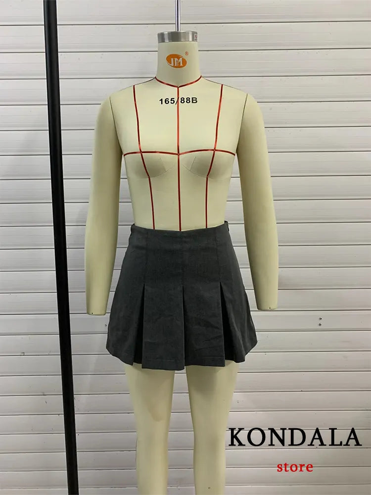 KONDALA Vintage Dark Grey Mini Skirts Women Ruffles Pleated Sexy Shorts Skirts Female Fashion 2023 Streetwear Mujer Faldas