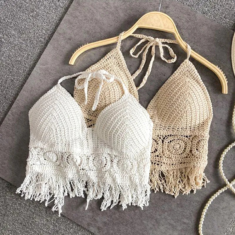 Sexy Boho Beach Holiday Camisole Halter Women Crochet Knit Swimsuit Bra Backless