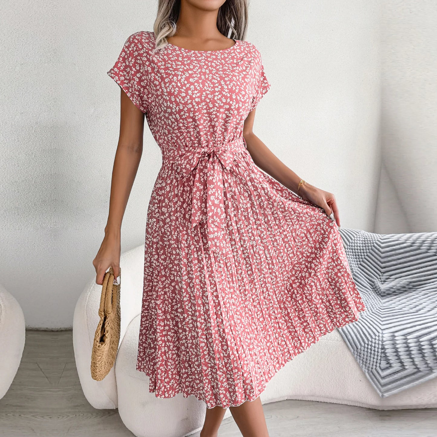 Women Spring Summer Short Sleeve High Waist  Dress Fashion