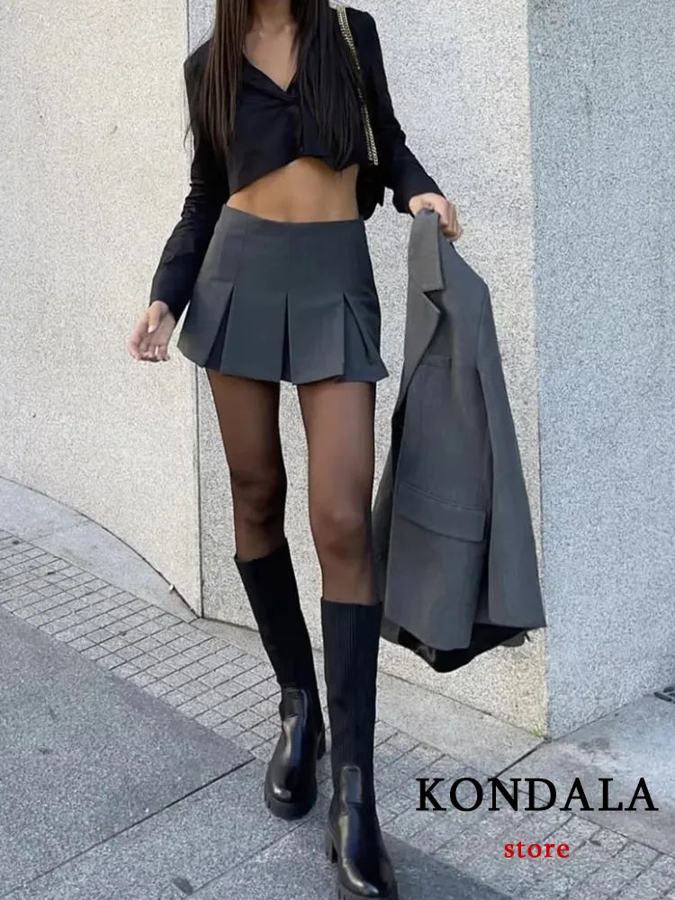 KONDALA Vintage Dark Grey Mini Skirts Women Ruffles Pleated Sexy Shorts Skirts Female Fashion 2023 Streetwear Mujer Faldas