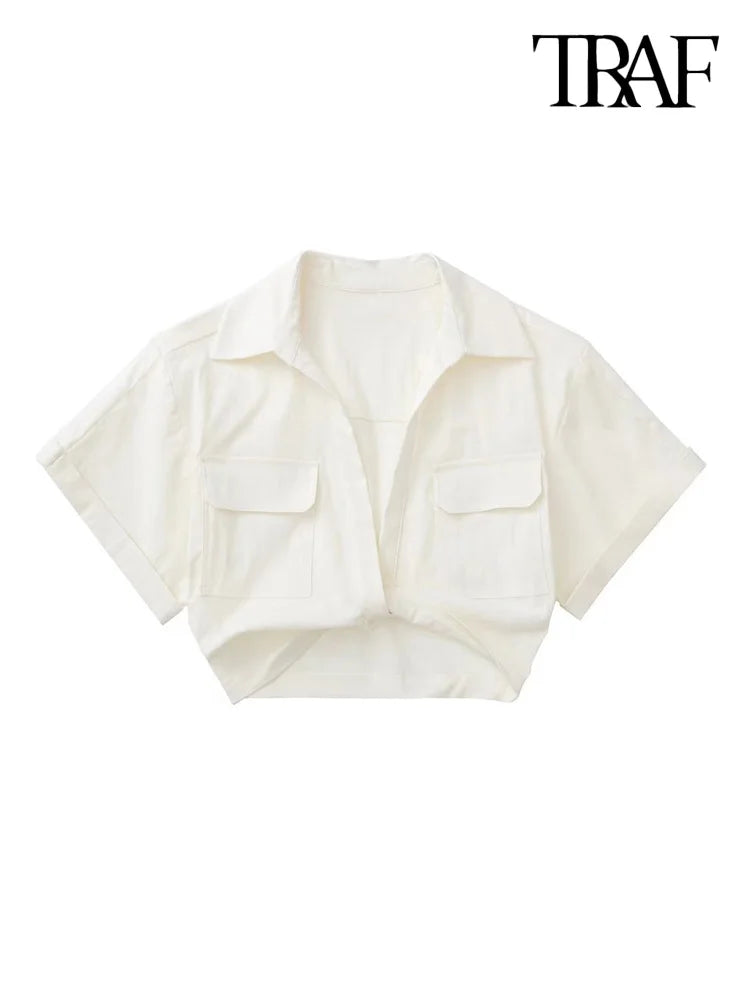 Fashion Front Knot Elastic Linen Cropped Shirts Vintage