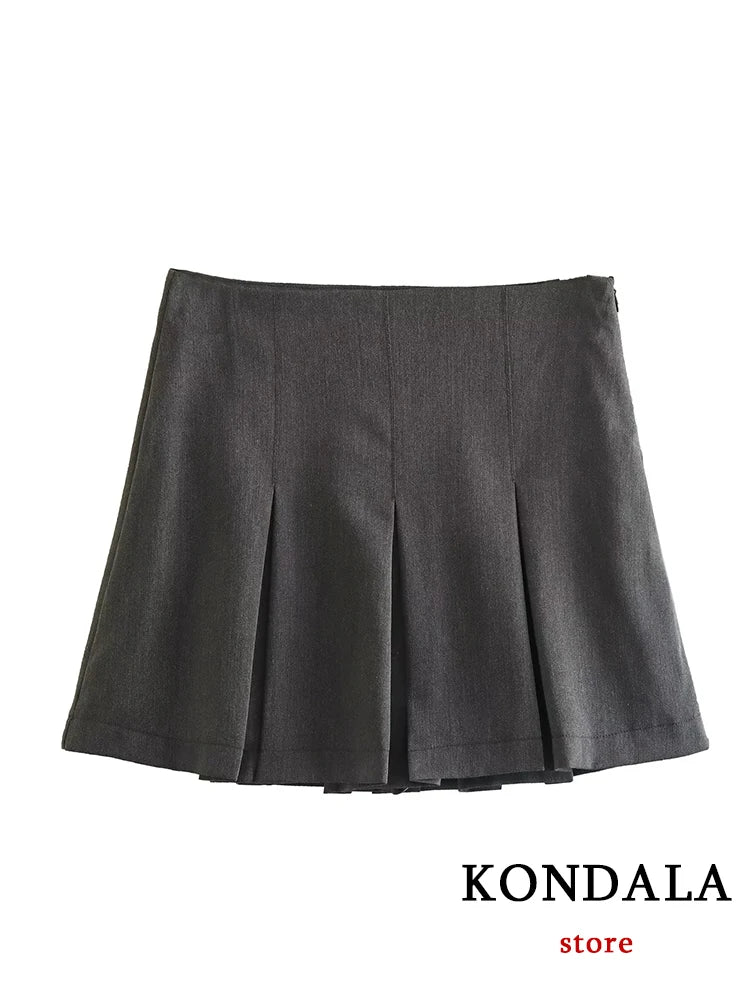 KONDALA Vintage Dark Grey Mini Skirts Women Ruffles Pleated Sexy Shorts Skirts Female Fashion 2023 Streetwear Mujer Faldas