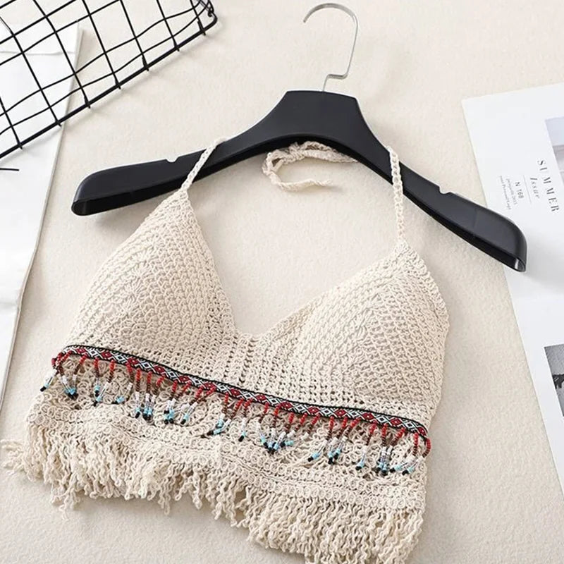 Sexy Boho Beach Holiday Camisole Halter Women Crochet Knit Swimsuit Bra Backless