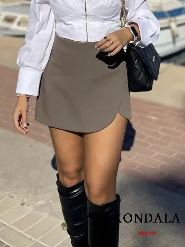 KONDALA Women Fashion Casual Mini Asymmetrical Skirts Shorts High Waist Back Pockets Wide Leg Skirts Zipper Female Shorts