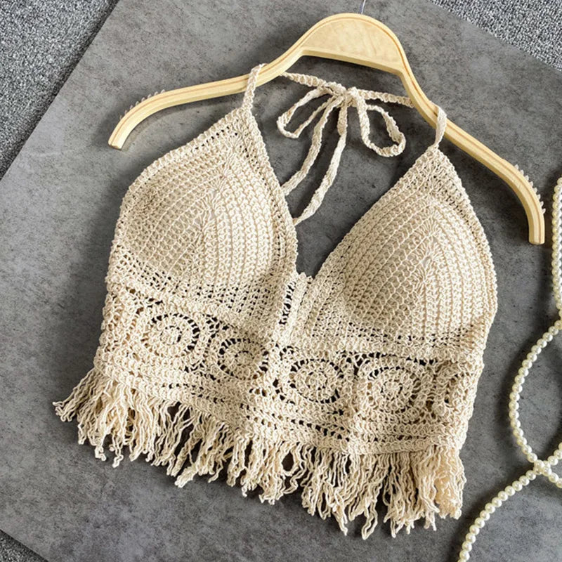 Sexy Boho Beach Holiday Camisole Halter Women Crochet Knit Swimsuit Bra Backless