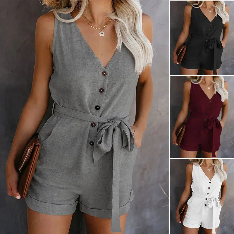 Casual V-neck Monochromatic Jumpsuit Five-Point Shorts