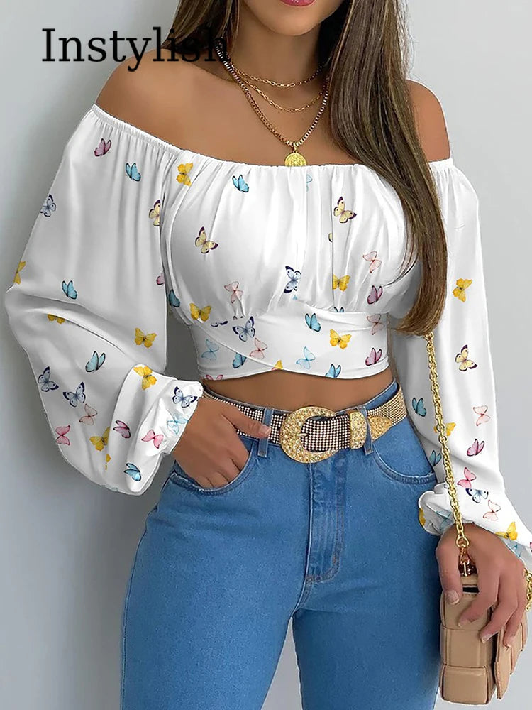 Off Shoulder Printing Blouses Chic and Elegant