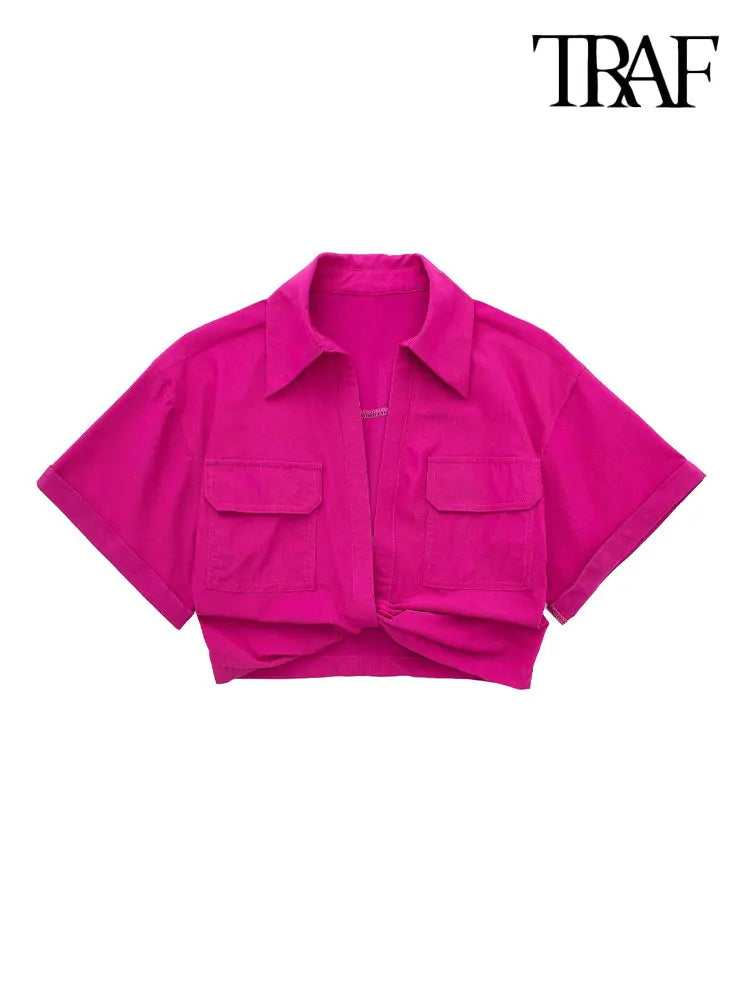 Fashion Front Knot Elastic Linen Cropped Shirts Vintage