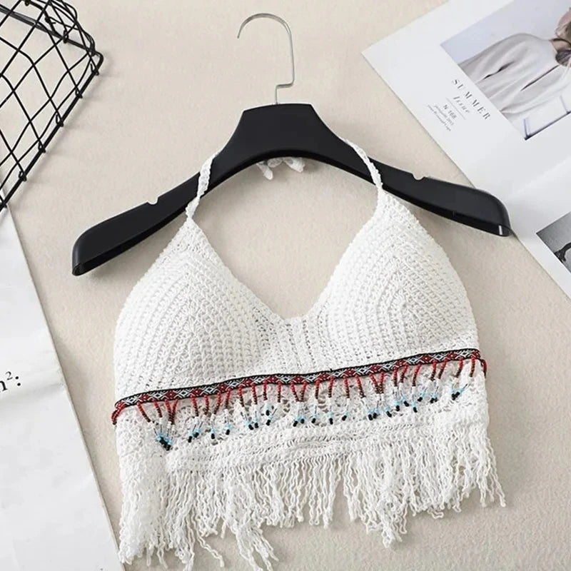 Sexy Boho Beach Holiday Camisole Halter Women Crochet Knit Swimsuit Bra Backless