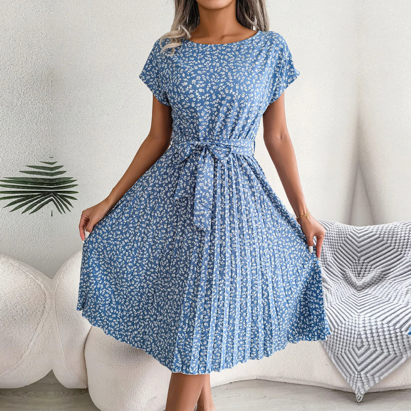 Women Spring Summer Short Sleeve High Waist  Dress Fashion