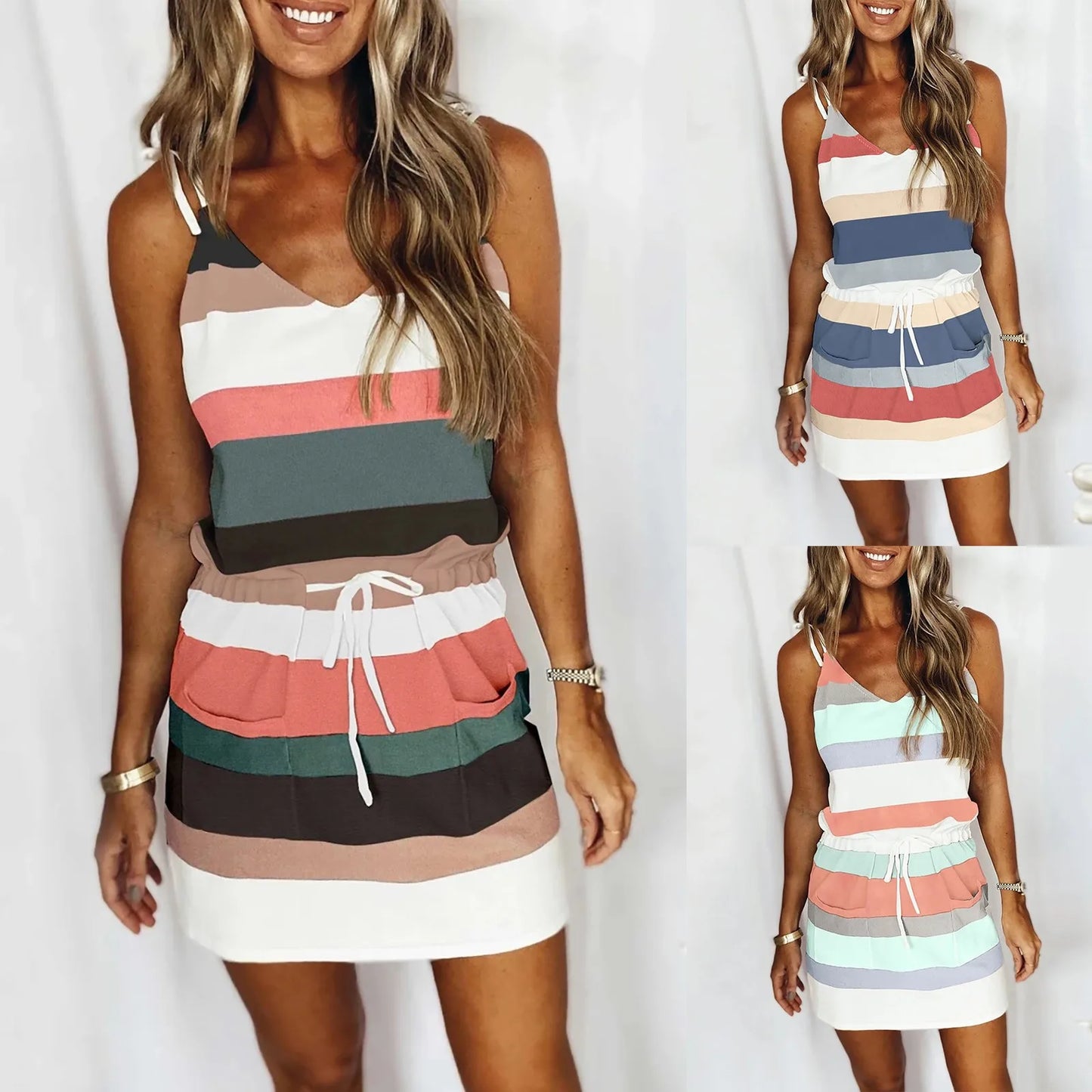 Summer Sleeveless Mini Dress Ruched Drawstring Backless Loose