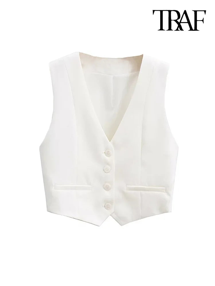 Fashion Front Buttons Cropped Waistcoat Vintage V Neck Sleeveless