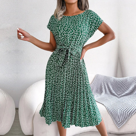 Women Spring Summer Short Sleeve High Waist  Dress Fashion