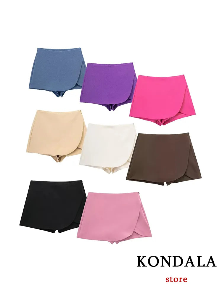 KONDALA Women Fashion Casual Mini Asymmetrical Skirts Shorts High Waist Back Pockets Wide Leg Skirts Zipper Female Shorts