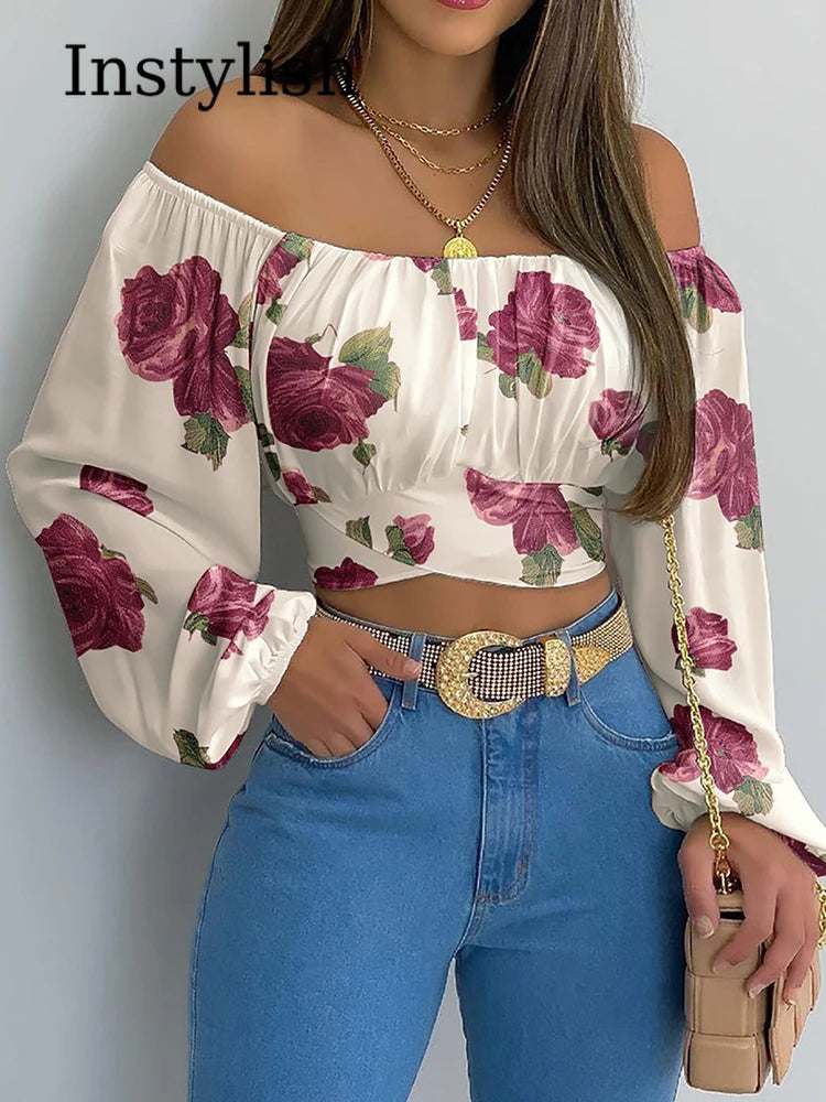 Off Shoulder Printing Blouses Chic and Elegant