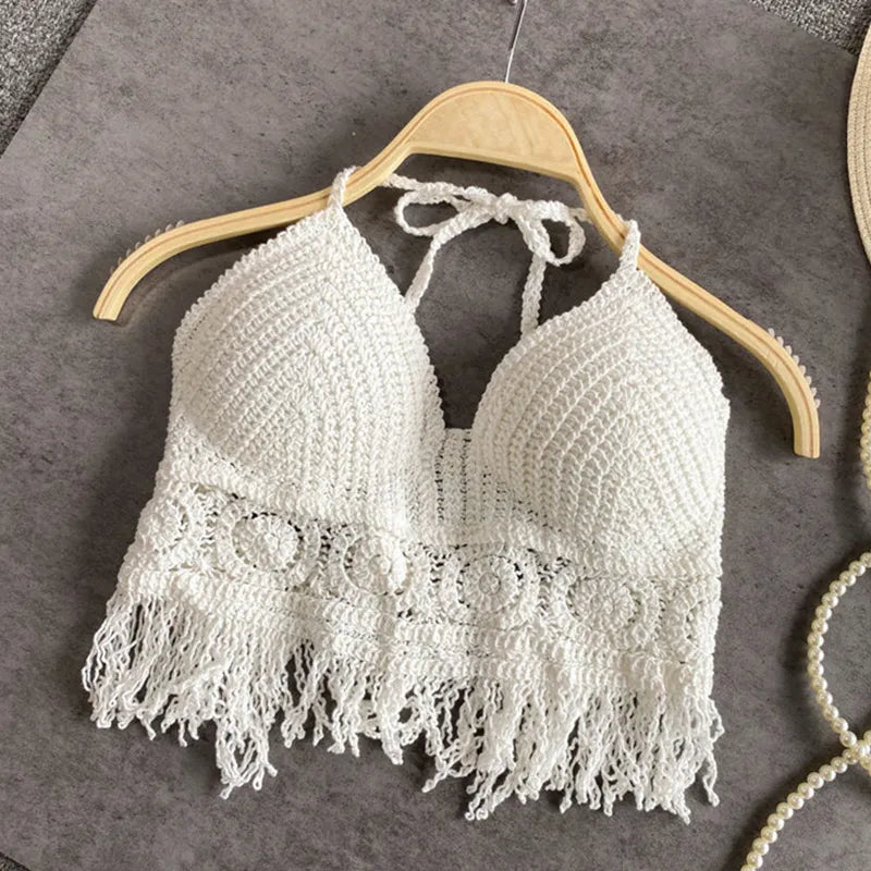 Sexy Boho Beach Holiday Camisole Halter Women Crochet Knit Swimsuit Bra Backless