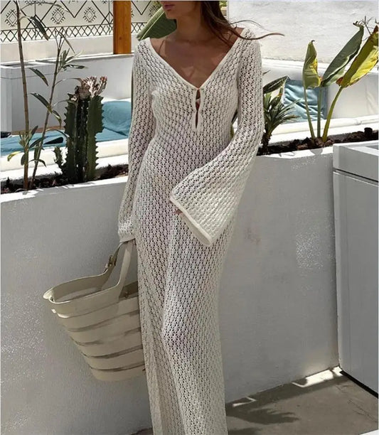 Women Long Knit Beach Dress Hollow-Out Deep V-Neck Long Sleeve Bikini