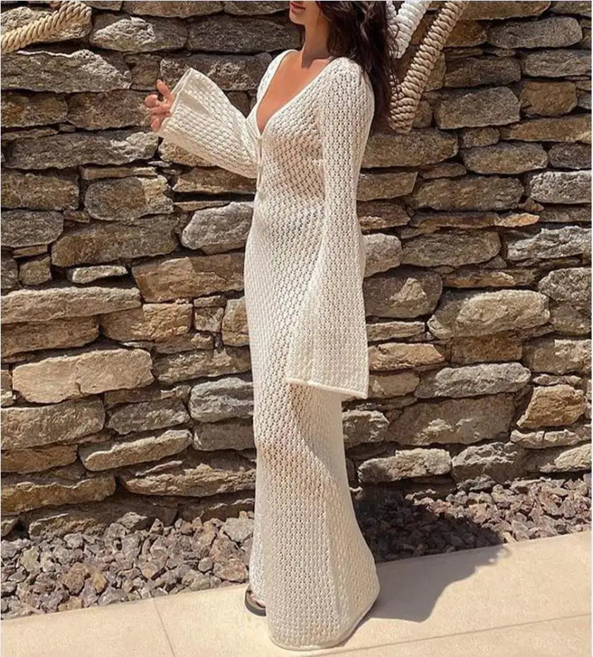 Women Long Knit Beach Dress Hollow-Out Deep V-Neck Long Sleeve Bikini